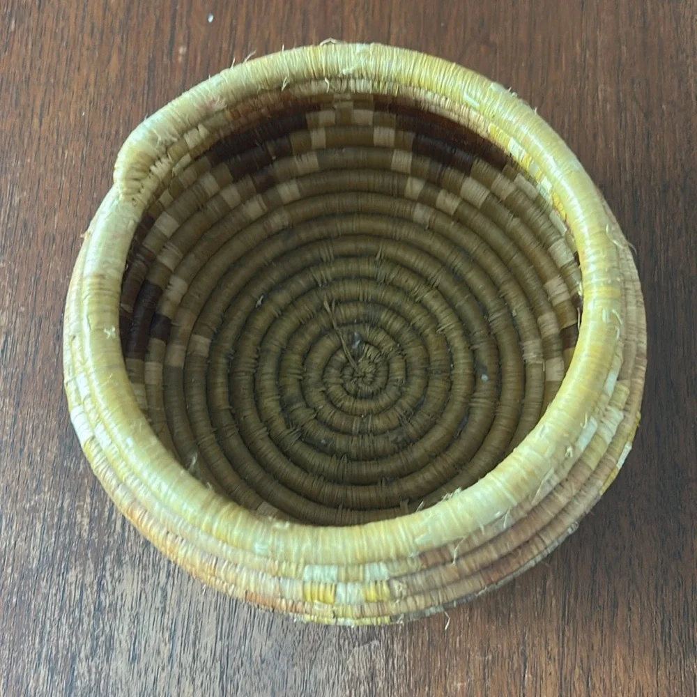 Handwoven Bowl Coil Papago Yellow Brown Green Beige Woven